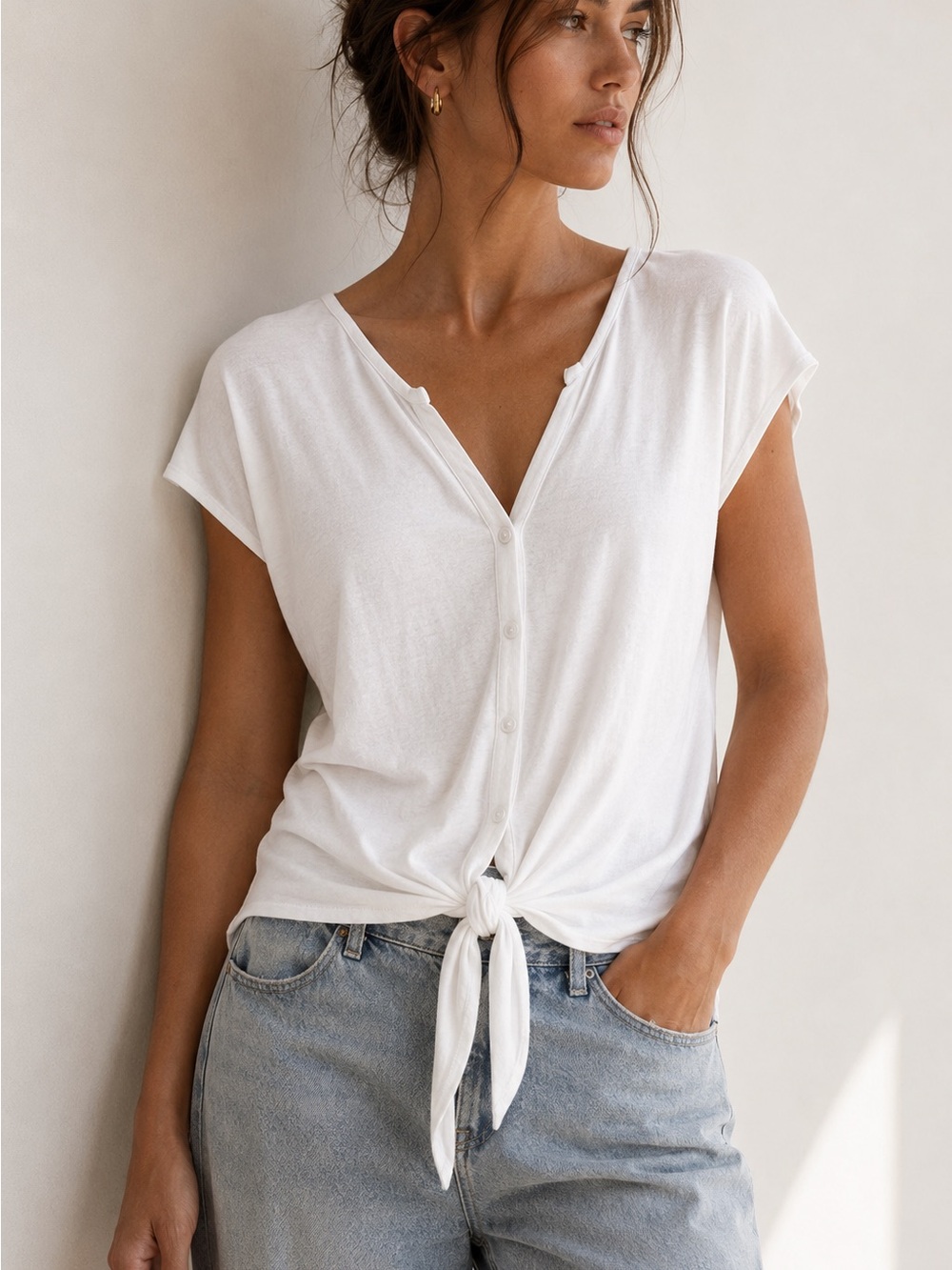 Cynthia Rowley White Modal Tie Front Button Down Top Size S
